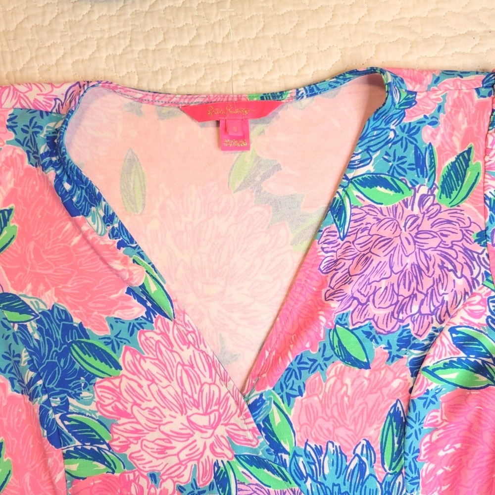 Lilly Pulitzer Wrap Dress Womens S Pink Blue Floral Long Sleeve Faux Wrap Jersey - Picture 9 of 16